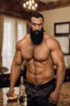 Placeholder: full figure shot photography of a burly ugly 30 year old italian boxer with big broken nose, very long muslim black beard, muscular beefy man shirtless, manly chest, big shoulders, shaved hair, bulge, in a modern dinner room, photorealistic