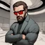 Placeholder: a young man with big muscles who looks like hans gruber wearing a turtleneck and red sunglasses staring with an angry look on his face