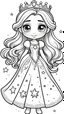 Placeholder: black and white, LOGO ((white background,)) coloring drawing page, cartoon, style pixar, line art, All body, beautiful cute princess the stars, BEAUTIFUL DRESSES, with cute LONG hair and eyes, sparkles,