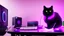 Placeholder: Cute black cat sitting on a gaming chair, in front of a gaming PC table, in a dark room with purple lights and gaming posters, atmospheric, gorgeous, realistic