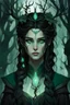 Placeholder: Young extremely beautiful female Hexblood Warlock, long dark brown-black hair styled in elegant half-braids, glowing pale emerald-green eyes, delicate facial features. Thin twisted black thorn-like branches grow naturally from one side of her head, weaving seamlessly through her hair like an eerie crown, with tiny dark leaves and vine-like roots blending into her scalp. Faint dark vine markings trail along her neck and collarbone. Dark fantasy, realistic, cinematic, highly detailed