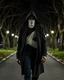 Placeholder: a stalky Darkman walking with gaps between the bandage wraps revealing a hollow emptiness, trenchcoat, on a treed roadway at night