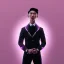 Placeholder: cute asian male, boy, man in futuristic suits, black and white highlight hair color, pink and purple background, pink lighting, deep purple backlighting, gun, smoke