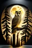 Placeholder: A captivating and mesmerizing 3D render of a striking minimalist silhouette of an owl, transformed into a nighttime scene. The owl's body is filled with a warm golden hue, representing a starlit sky and a radiant full moon. The center features a delicate, flying bird, symbolizing the owl's spirit. Beneath the owl, a serene landscape of pine trees and a resting owl unfolds, creating a sense of tranquility and harmony with nature. This enchanting illustration masterfully blends elements of wildlif