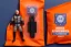 Placeholder: Mike Pence G.I. Joe toy Doll Space force uniform inside a blister packaging hanging on a Wallrack in toystore, fluorescent orange, toy guns, wide angle shot whole body, black boots, fullsize