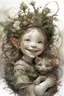 Placeholder: Artist Jean-Baptiste Monge style. A young toddler Elf child is smiling.pale skin.curly fine hair. round baby face. hugging her pet cat. her ears pointed. freckles across her nose and face. wreath of flowers in hair.