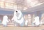 Placeholder: cute fluffy chibi ice bear on an exhibition room with stands in sunshine