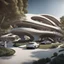 Placeholder: Complex of ten oval cabins, Zaha Hadid style, ultra quality, hyper-detailed, digital art, 8k 3D, trees, parking lots, people