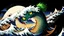 Placeholder: Detailed illustration of a mythical monster with yellow-orange eyes and green hair in a top knot, inspired by Japanese folklore, realistic painting style similar to Hokusai's "The Great Wave off Kanagawa", intricate details on the creature's scales and horns, intense lighting creating dramatic shadows, concept art for a video game or movie.