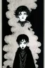 Placeholder: 7 year old boy, necromancer, friendly, looks dead, surrounded by weird smoke with eyes, wearing black robes, in the style of Harry Clarke