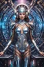 Placeholder: Full body photography front view of super model Russian beautiful woman as dj player,headphones ,dressing mech in transformative style, his metallic skin gleaming with intricate textures and intricate details, captured in an ultra-realistic style that blurs the lines between reality and imagination,cosmic spaceship background