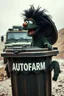 Placeholder: DIRTY CUTE HOT EUROPEAN Oscar the AUTOFARM Grouch SESEME ST CHARACTER IN LARGE GARBAGE TRASH BIN,GARBAGE TRASH BIN, side profile, "GARBAGE TRASH BIN IN FRONT" man in super blackscary (((((autofarm)))))) TITLE in movie poster movie style horror look. as five headed mouth open, rough teeth, turn head around, landrover crash in background(&*&*^%$^#%$#%$^%$#^#$#^%#$^$#