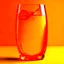 Placeholder: orange soft drink full of bubbles, in a very futuristic glass glass, with ice cubes, on an orange background