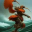 Placeholder: an ibis warrior in orange and green full battle armor, a highly detailed illustration, background of giant crashing ocean waves, realistic render, 8 k, micro detail, intricate, elegant, centered, digital painting, Artstation, smooth, sharp focus, illustration, artgerm, tomasz alen kopera, peter mohrbacher, donato giancola, joseph christian leyendecker, wlop, boris vallejo