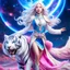 Placeholder: (masterpiece, best quality, 8k, RAW photo, beautiful and aesthetic:1.2), complex detail, Indirect light, photorealistic, (((full body))), 2 Gorgeous Cosmic asian goddess smiling, long curved white hair, blue eyes, Mixed, sci-fi and traditional asian outfit with pink velvet and white furs, riding a white tiger who is running in a colorfull snowy landscape with bokeh