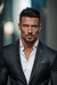 Placeholder: portrait of a 35 year old Handsome muscular male leader with lightly tanned skin and tattoos. Dark hair cut short and a goatee beard. wearing an armani suit. photorealistic