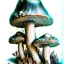 Placeholder: A highly-detailed Hand sketched illustration of porcini Mushrooms on paper, focus on line work and small shades of color, add Chinese ink-brush details to the tops of mushrooms, Marco Mazzoni art style