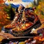 Placeholder: brown hiking shoes, art, acrilyc colors, bright, masterpiece, realistic