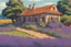 Placeholder: museum quality color woodcut landscape of a fanciful 1920's ramshackle and dilapidated French country cottage nestled amidst the lavender fields of Provence, on a blissful summer morning, in the style of Gustave Baumann, with a fine art aesthetic, highly detailed, finely cut ,8k render, soft early summer colors