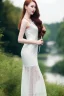 Placeholder: full shot body of very beautiful Woman with pale skin makeup , green eyes, long auburn hair, and high fashion sexy model silver dark gray lace dress , nice sport shoes. country side ,river ,country houses ,sharp focus