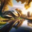 Placeholder: Zaha Hadid style country house hyper-detailed hyper-realistic trees river autumn sunny weather people 8k