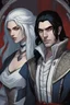 Placeholder: A couple, from the dnd game curse of Strahd. The woman has long white hair and blue eyes, the man has LONG BLACK hair and red eyes, no facial hair.