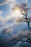 Placeholder: matte painting a beautiful digital painting of a marble tree entertwined in tumutluous clouds, intricate white branches and birds flying in the sunlight, blue sky at sunset, elegant, highly detailed, artstation, concept art, matte, sharp focus, art by tom bagshaw, kelogsloops and greg rutkowski