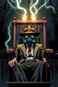 Placeholder: an electric chair(center and main focus) with a man wearing a gas mask and wide brimmed flat top hat, graphic novel