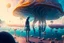 Placeholder: woman standing on the shores of an alien world, with mushrooms with jellyfish tentacles, floating in the air, photorealistic, Detailed Matte Painting, Deep Colour, Fantastical, Intricate Detail, sunshine