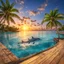 Placeholder: tropical island paradise, perfect photograph shot off a pier where dolphins swim nearby in azure waters, coconut trees lit against a brilliant sunset, photorealistic, high-resolution, reminiscent of South-Pacific views, by Joel Rae, by Michael Kincade, high complexity detail, 64 megapixels, HDR