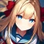 Placeholder: Clear focus,High resolution, Blonde long fluffy hair, long bangs, and blue eyes, Depressed girl, wearing a sailor uniform, frowning, red bow, Extreme Close up