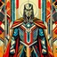 Placeholder: Create a high-definition art-deco style image of a character inspired by MCU's Thor. The image should feature bold, streamlined geometric shapes and a limited color palette of four striking colors that reflect the character's traditional color scheme. The character should be positioned front and center with a strong, symmetrical pose that highlights their most iconic features, such as Thor's cape and hammer. The background should incorporate stylized art-deco movement.