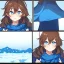 Placeholder: Clear focus, High resolution, A anime kid, cute, rough line skecth, star around kid, sparkling eyes, medium fluffy brown hair, blue sparkling eyes, 1girl (solo), wearing a blue snow cloak and a white shirt, comic with 1girl (solo), winter background, lots of dialoge