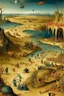 Placeholder: Bosch painting style, show a shot of a view of Mars surface with a lot of wired creatures around