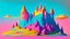 Placeholder: Pink, orange, yellow, dark blue and aqua blue castle on a hill