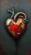 Placeholder: Bosch style painting , A rusty metallic heart in details on bargandy background