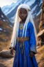 Placeholder: Little 6-year-old sorceress girl, black skin, blue eyes, long, straight snow-white hair, dressed in an ancient and ancestral blue two-piece sorcerer's garment, overflowing with a mythical golden aura, in a primitive village in the mountains