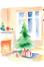 Placeholder: Simple childs watercolor illustration of a Christmas tree in a living room