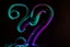 Placeholder: black background, outlines of a holographic question mark drawn from thin neon-coloured glowing lines