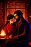 Placeholder: Fire place Christmas scene, dark haired couple, man with short black beard, blue eyes, cozy, young couple, high definition, graphic