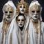 Placeholder: "Eyes wide shut" movie inspired masks, hyperreal, creepy, cult masks worn by people in white ceremonial robes