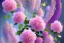 Placeholder: a magical crystal flower lys bougainvillier,pink hydrangeas, pink wisteria, blue gold house crystal castle in wood of pink wisteria, magnolias pink,blue lake,sun,white swanns,pink vertical, blue lake,sharp, vines, candlelit, endor, ornate, elegant, highly detailed, artstation, concept art, smooth, sharp focus, illustration, 8k, splash art, wallpaper, key visual