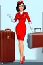 Placeholder: pin-up style realistic cartoon of 50 year old French dark haired stewardess in short and tight red uniform dress with green eyes, very red lips and long eyelashes with shiny red very high heels, white long opera gloves and a cabin suitcase