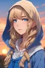 Placeholder: cool anime dievča s menom Ixpo s typom vlasov špinavý blond s modrý očami s modrou mikinou ktorá má kapucňu s pozadím pri západe slnka na spôsob na profilovku na youtube