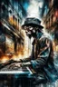 Placeholder: A ultra realistic poster of an African guy playing the piano , having word sign as “street art ”, by Daniel Castan Carne Griffiths Andreas Lie Russ Mills Leonid Afremov, black background, fine lines draw, smile, standing in the temple