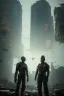 Placeholder: A portrait of post-apocalypse cyborg and a human looking at each other in a cyberpunk city, sci-fi fantasy style, volumetric lighting, particales,highly detailed,cinamatic, deep colours,8k.