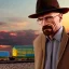 Placeholder: Walter White and his family with a train, 8k, realistic body, with a fedora, sunset background,