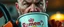 Placeholder: close up portrait of a ramen bucket that looks like a chain saw wielded by serious angry bald law man, in cinema