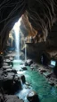 Placeholder: Inside a cave a lot of electronics devices and engineers with waterfalls and