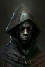 Placeholder: black young bald wizard man with hood on